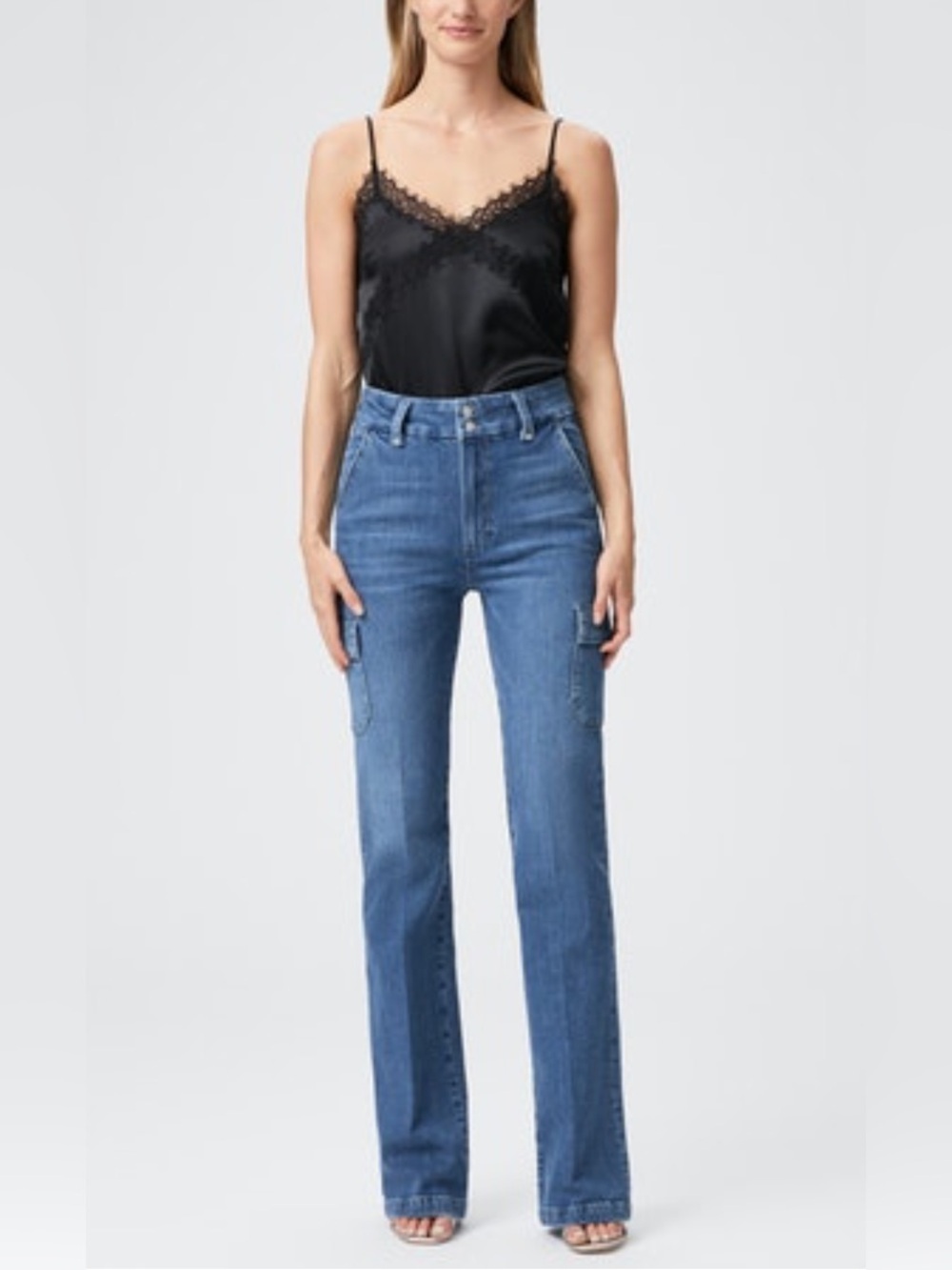 PAIGE Dion Cargo Pocket Jean Bootcut Wide Leg Denim Stretch High Rise Blue
